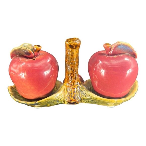 Whimsical Apple Fruit Salt And Pepper Shaker Set On Tree Stand Ceramic Set 2 - Picture 3 of 16